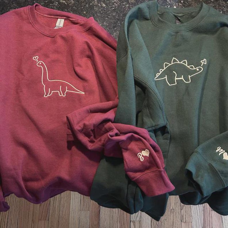 Embroidered Dinosaur Couple Hoodies: Personalized Matching Sweatshirts
