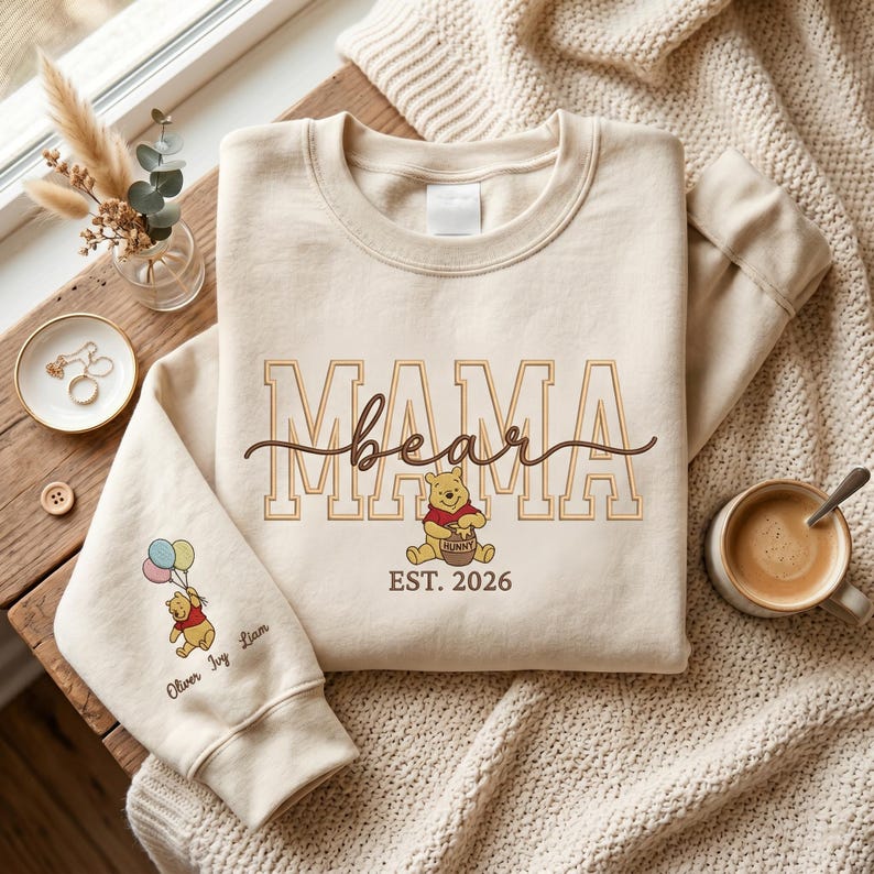 Mama Bear Embroidered Sweatshirt, Mama Cartoon Bear Tee, Custom Name Castle Mom Shirt, Birthday Shirt for Mom, New Mom Gift Tee