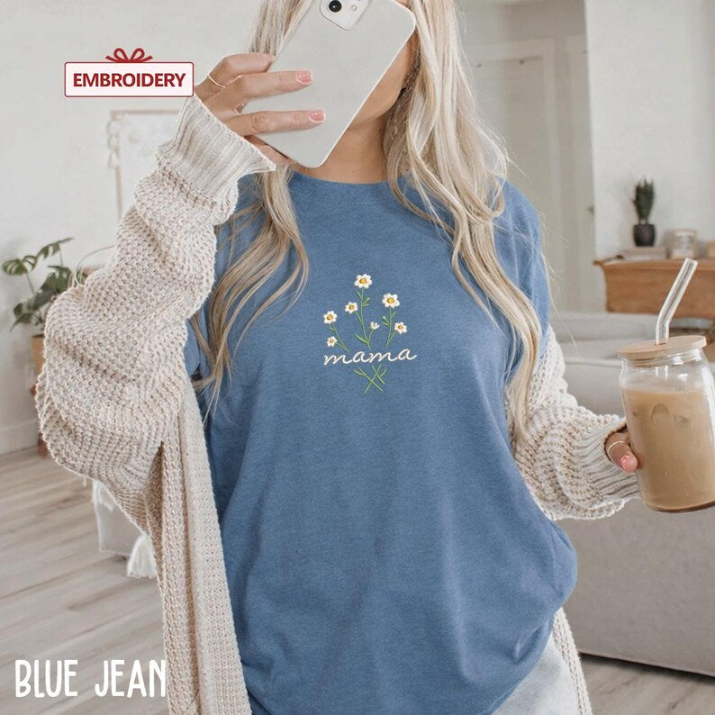 Mama Comfort Colors Embroidered Shirt, Floral Mom Shirt, Mama Embroidery, Mother’s Day Gift, New Mom Gift, Gift for Moms, Aesthetic Mom Tee