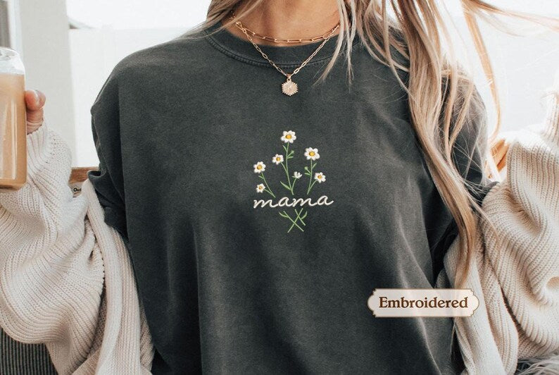 Mama Comfort Colors Embroidered Shirt, Floral Mom Shirt, Mama Embroidery, Mother’s Day Gift, New Mom Gift, Gift for Moms, Aesthetic Mom Tee