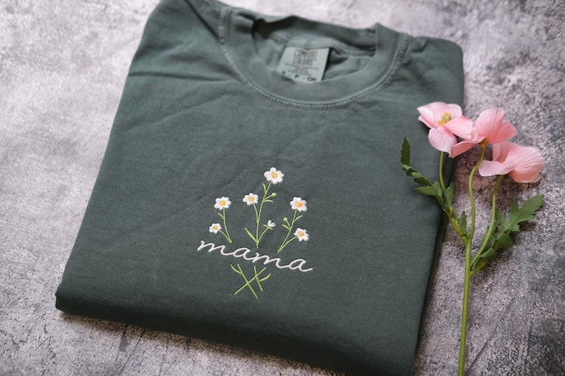 Mama Comfort Colors Embroidered Shirt, Floral Mom Shirt, Mama Embroidery, Mother’s Day Gift, New Mom Gift, Gift for Moms, Aesthetic Mom Tee