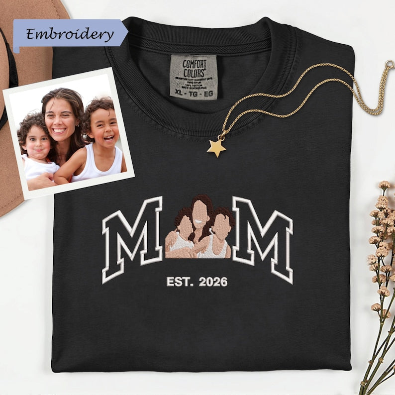Custom Embroidered Shirt Mama and Kids Portrait, Mama Shirt with Photo, Varsity Shirt, Custom Embroidery Shirt For Mom Mama Mommy