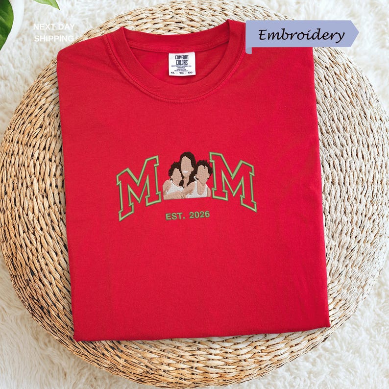 Custom Embroidered Shirt Mama and Kids Portrait, Mama Shirt with Photo, Varsity Shirt, Custom Embroidery Shirt For Mom Mama Mommy