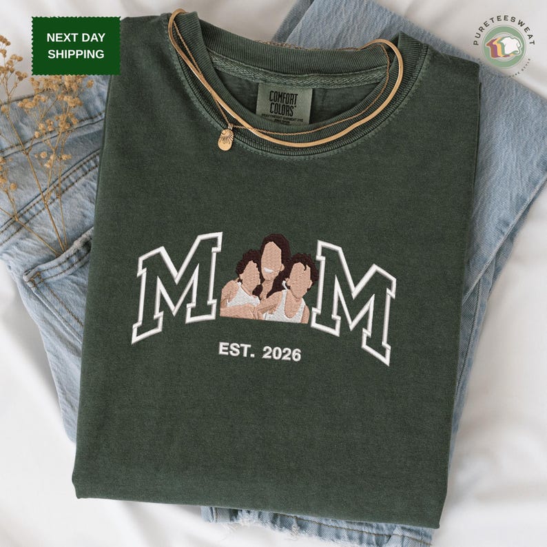 Custom Embroidered Shirt Mama and Kids Portrait, Mama Shirt with Photo, Varsity Shirt, Custom Embroidery Shirt For Mom Mama Mommy