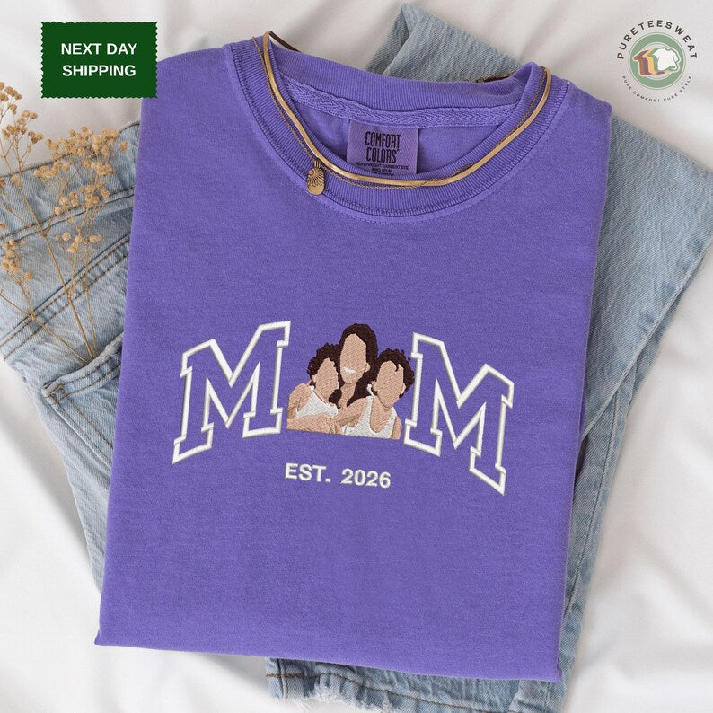 Custom Embroidered Shirt Mama and Kids Portrait, Mama Shirt with Photo, Varsity Shirt, Custom Embroidery Shirt For Mom Mama Mommy