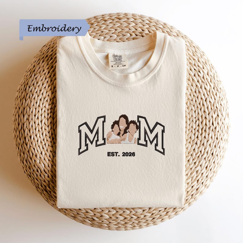 Custom Embroidered Shirt Mama and Kids Portrait, Mama Shirt with Photo, Varsity Shirt, Custom Embroidery Shirt For Mom Mama Mommy