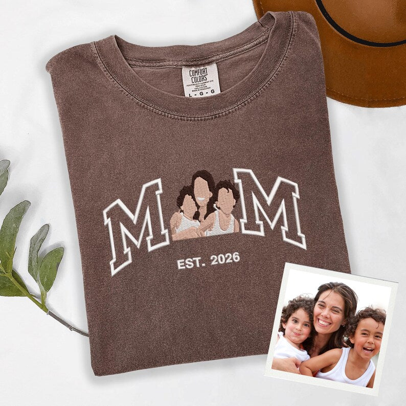 Custom Embroidered Shirt Mama and Kids Portrait, Mama Shirt with Photo, Varsity Shirt, Custom Embroidery Shirt For Mom Mama Mommy