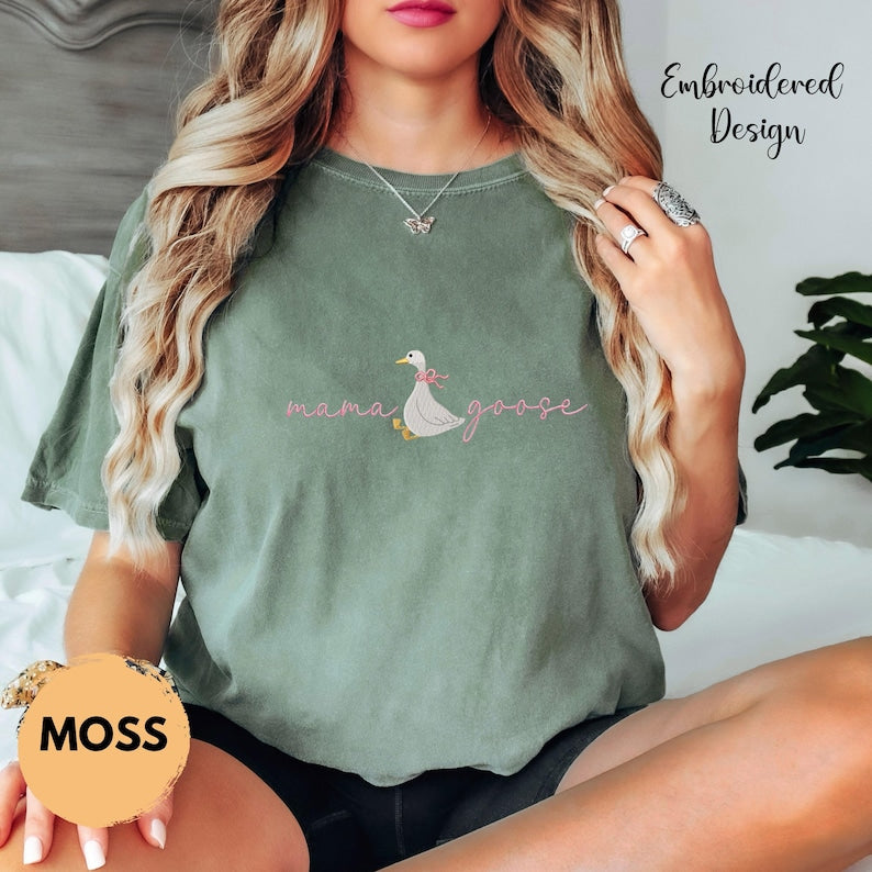Mama Goose Embroidered Shirt, Comfort Colors Mom Tee, Cute Goose Graphic Shirt, Minimalist Mama Shirt, Motherhood Gift Tee