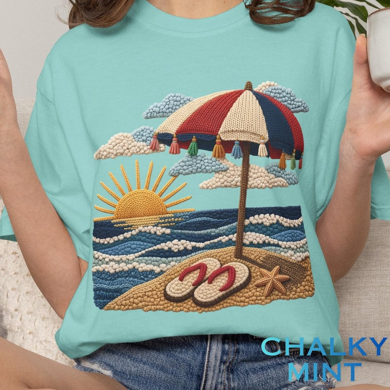 Beach Shirt, Summer Vibes Shirt, Coastal Graphic Tee, Summer Outfit, Vacation Shirt, Summer Shirt, Embroidered Design, Print Only - Not Yarn