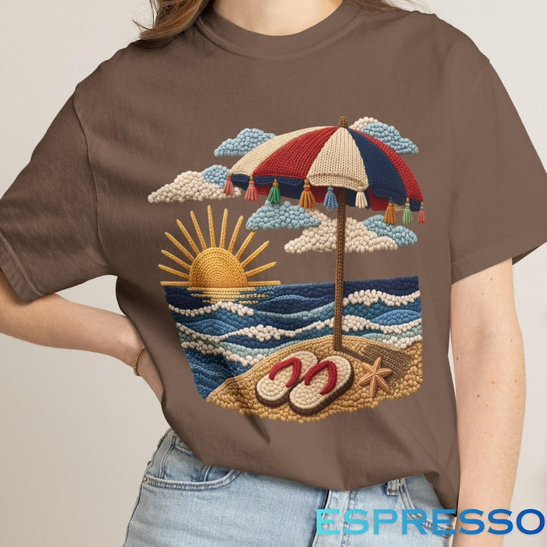 Beach Shirt, Summer Vibes Shirt, Coastal Graphic Tee, Summer Outfit, Vacation Shirt, Summer Shirt, Embroidered Design, Print Only - Not Yarn