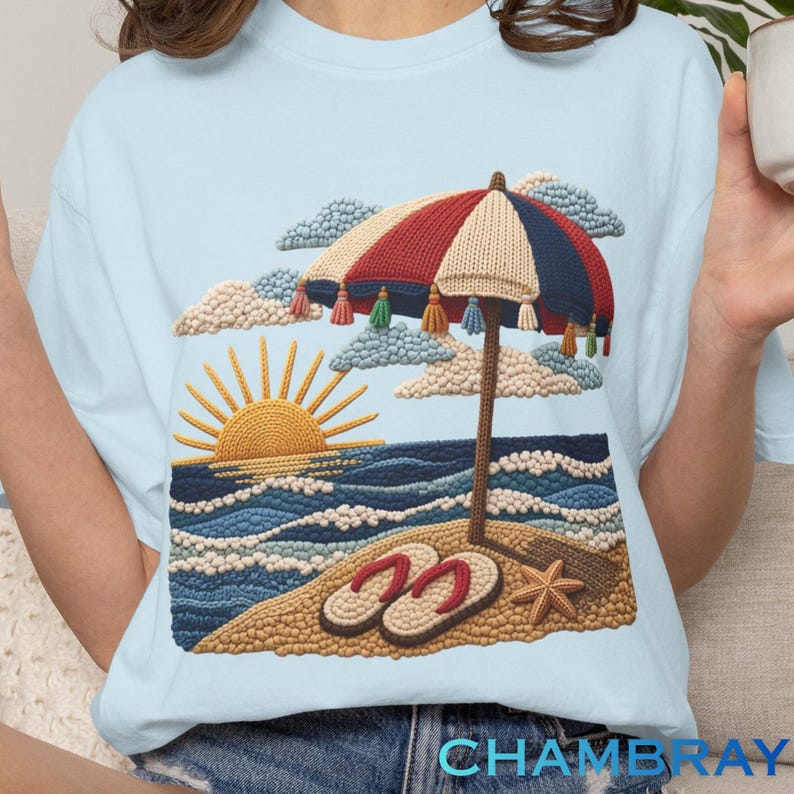 Beach Shirt, Summer Vibes Shirt, Coastal Graphic Tee, Summer Outfit, Vacation Shirt, Summer Shirt, Embroidered Design, Print Only - Not Yarn