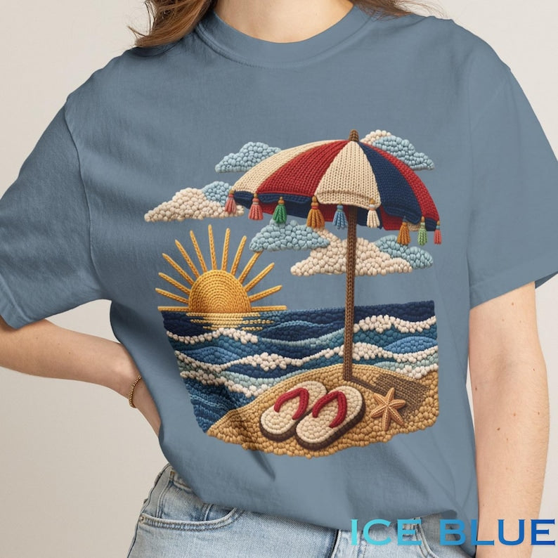 Beach Shirt, Summer Vibes Shirt, Coastal Graphic Tee, Summer Outfit, Vacation Shirt, Summer Shirt, Embroidered Design, Print Only - Not Yarn