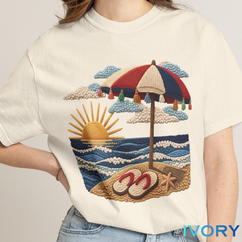 Beach Shirt, Summer Vibes Shirt, Coastal Graphic Tee, Summer Outfit, Vacation Shirt, Summer Shirt, Embroidered Design, Print Only - Not Yarn