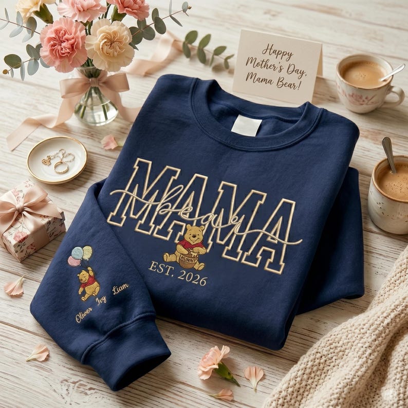 Mama Bear Embroidered Sweatshirt, Mama Cartoon Bear Tee, Custom Name Castle Mom Shirt, Birthday Shirt for Mom, New Mom Gift Tee