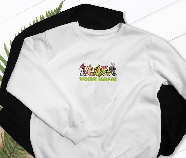 Bug Type Embroidered T-Shirt, Sweatshirt & Hoodie Wurmple, Weedle, Sewaddle, Caterpie, Scatterbug Fans Gift