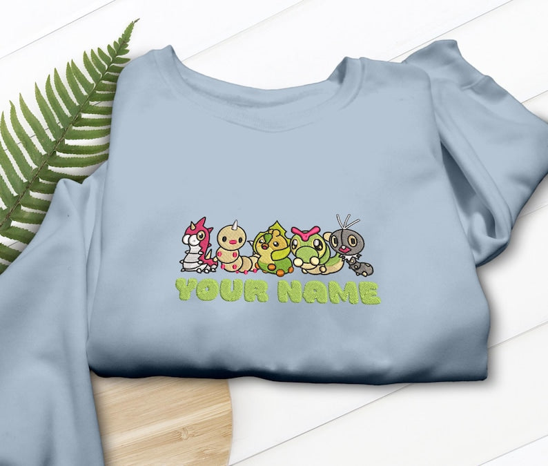 Bug Type Embroidered T-Shirt, Sweatshirt & Hoodie Wurmple, Weedle, Sewaddle, Caterpie, Scatterbug Fans Gift