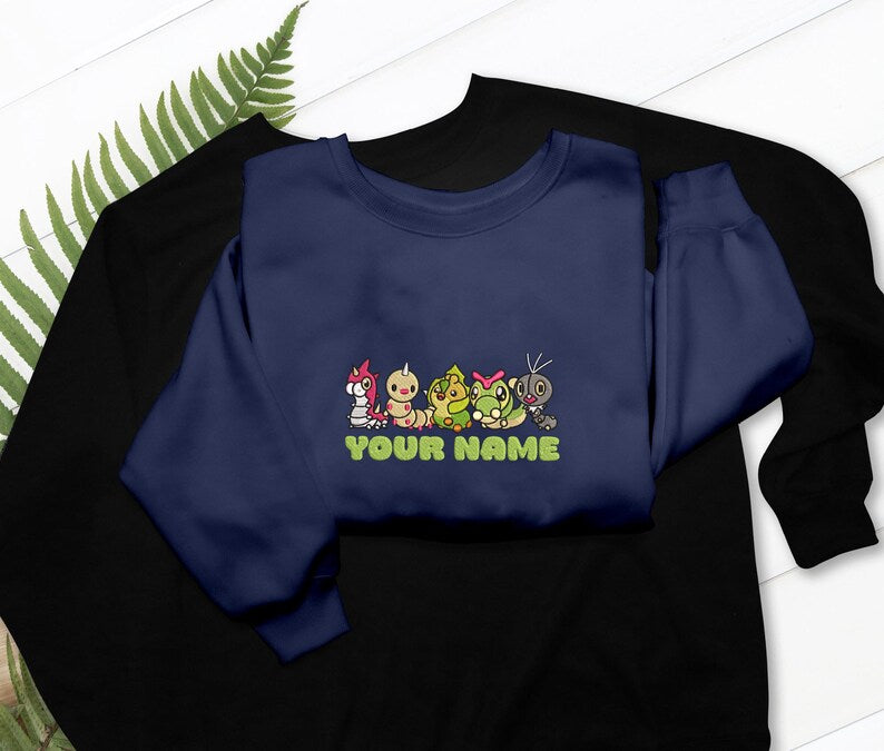 Bug Type Embroidered T-Shirt, Sweatshirt & Hoodie Wurmple, Weedle, Sewaddle, Caterpie, Scatterbug Fans Gift