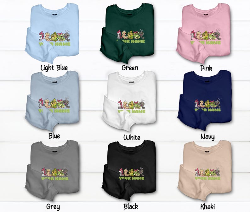 Bug Type Embroidered T-Shirt, Sweatshirt & Hoodie Wurmple, Weedle, Sewaddle, Caterpie, Scatterbug Fans Gift