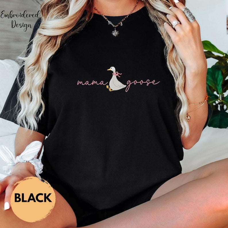 Mama Goose Embroidered Shirt, Comfort Colors Mom Tee, Cute Goose Graphic Shirt, Minimalist Mama Shirt, Motherhood Gift Tee