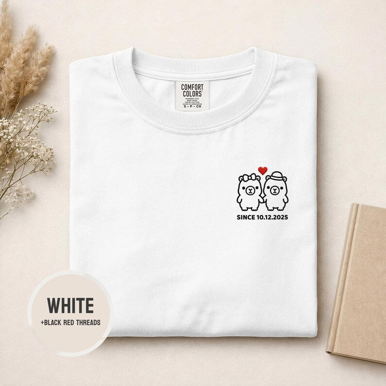 Custom Date Embroidered Couple Tee Shirts Custom Embroidery Comfort Colors Shirt Personalised Couple Gift Anniversary Tshirt Cute Cabybara