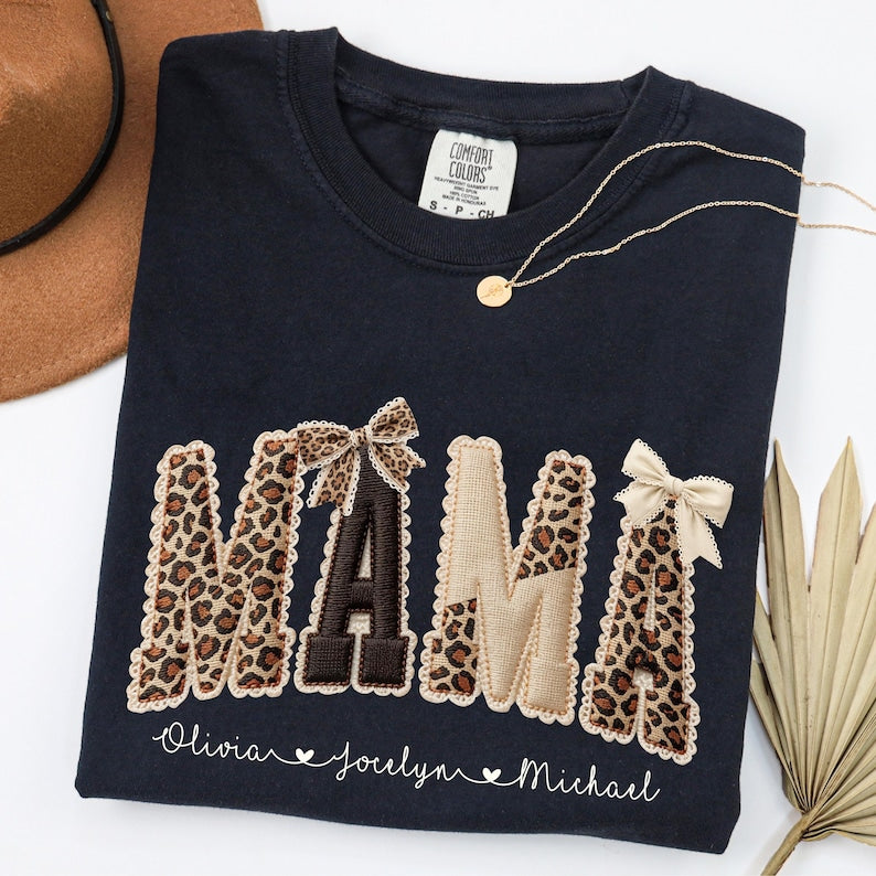 Comfort Colors® Custom Mama Shirt, Personalized Name Patchwork Shirt, Faux Embroidery Leopard Mama Tee, Coquette Mom Shirt, Mothers Day Gift