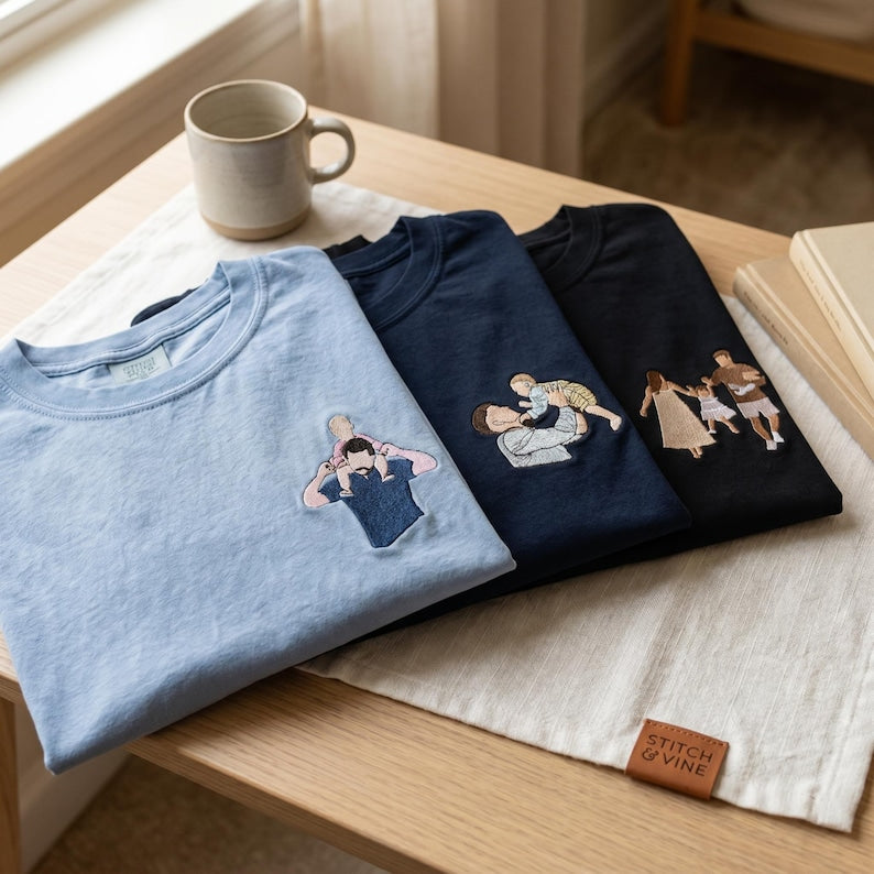 Embroidered Custom Dad Portrait Shirt, Personalized Photo Dad Tee, Fatherhood Crewneck, Father’s Day Gift for Dad