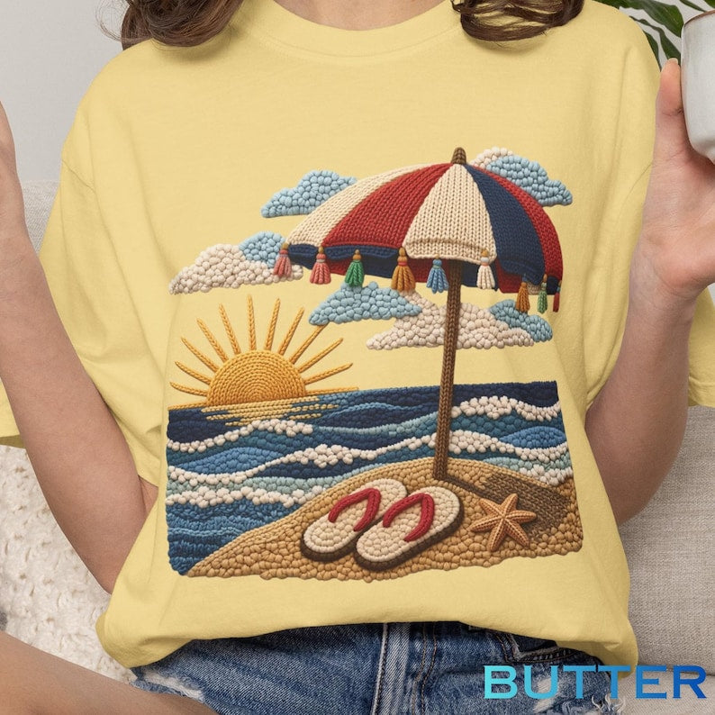 Beach Shirt, Summer Vibes Shirt, Coastal Graphic Tee, Summer Outfit, Vacation Shirt, Summer Shirt, Embroidered Design, Print Only - Not Yarn