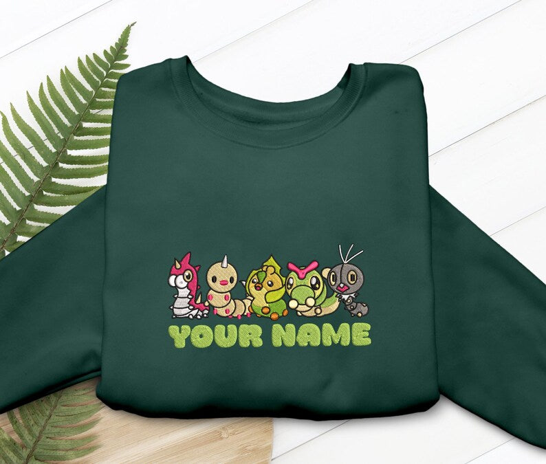 Bug Type Embroidered T-Shirt, Sweatshirt & Hoodie Wurmple, Weedle, Sewaddle, Caterpie, Scatterbug Fans Gift