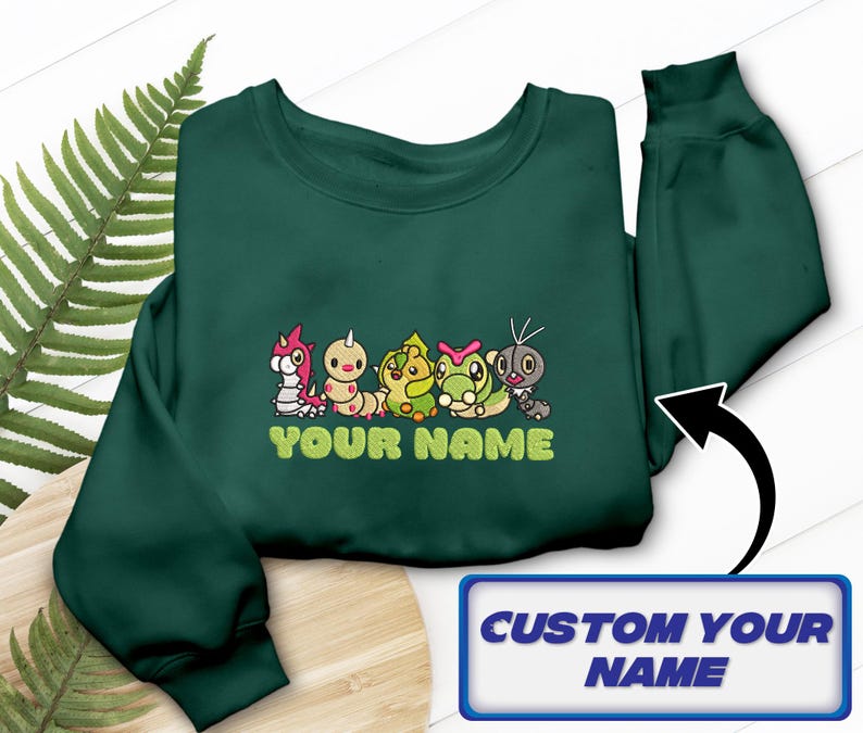 Bug Type Embroidered T-Shirt, Sweatshirt & Hoodie Wurmple, Weedle, Sewaddle, Caterpie, Scatterbug Fans Gift