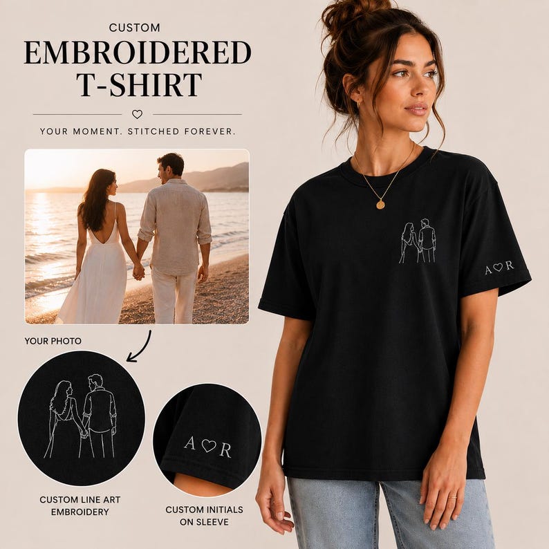 Custom Photo Line Art Embroidered T-Shirt, Personalized Couple Anniversary Gift