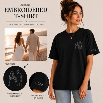 Custom Photo Line Art Embroidered T-Shirt, Personalized Couple Anniversary Gift