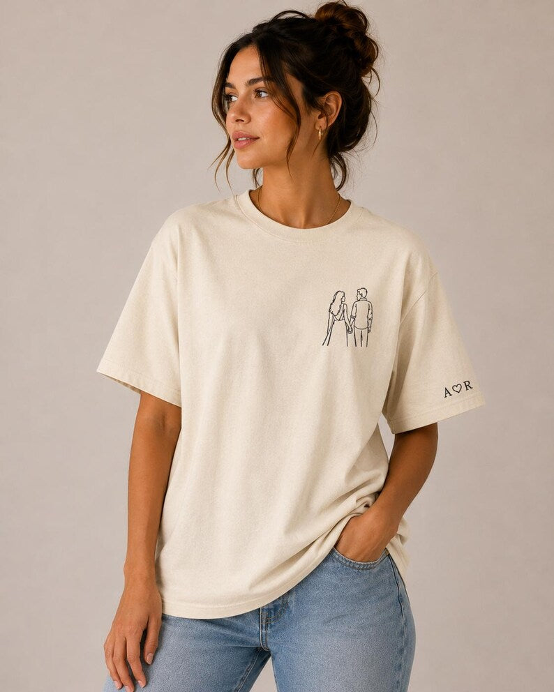 Custom Photo Line Art Embroidered T-Shirt, Personalized Couple Anniversary Gift