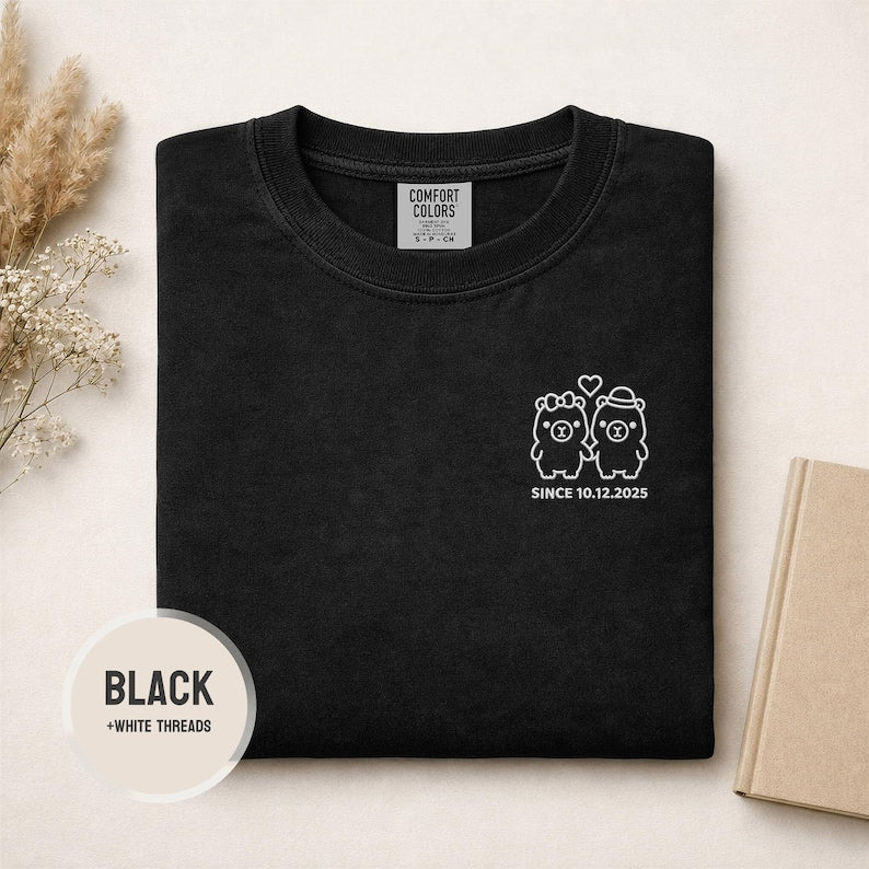Custom Date Embroidered Couple Tee Shirts Custom Embroidery Comfort Colors Shirt Personalised Couple Gift Anniversary Tshirt Cute Cabybara