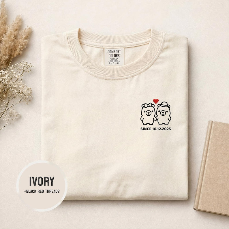 Custom Date Embroidered Couple Tee Shirts Custom Embroidery Comfort Colors Shirt Personalised Couple Gift Anniversary Tshirt Cute Cabybara