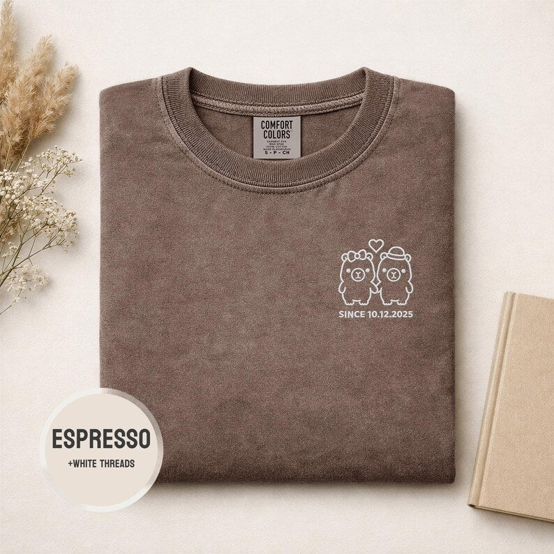Custom Date Embroidered Couple Tee Shirts Custom Embroidery Comfort Colors Shirt Personalised Couple Gift Anniversary Tshirt Cute Cabybara