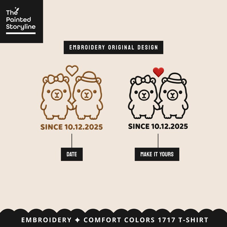 Custom Date Embroidered Couple Tee Shirts Custom Embroidery Comfort Colors Shirt Personalised Couple Gift Anniversary Tshirt Cute Cabybara
