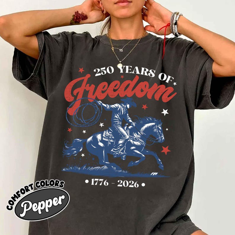 Comfort Colors Retro 250 Years of Freedom Cowboy Horse Boxy Tee, 1776-2026 Cowgirl Shirt, Fourth of July Tee, Patriotic Shirt, Cowboy Gift