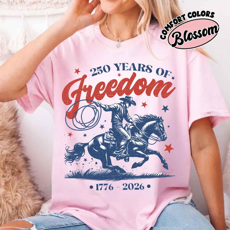 Comfort Colors Retro 250 Years of Freedom Cowboy Horse Boxy Tee, 1776-2026 Cowgirl Shirt, Fourth of July Tee, Patriotic Shirt, Cowboy Gift