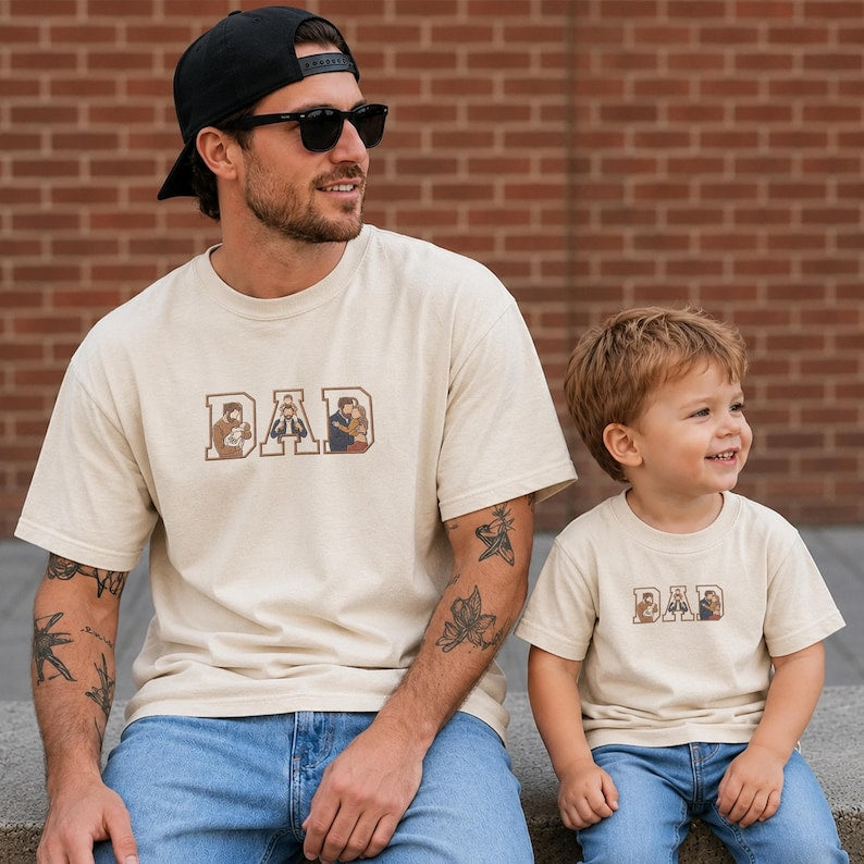 Embroidered Custom Portrait from Photo Comfort Colors Shirt, Personalized Dad and Kids Photo Hoodie, Father's Day Gift For Him