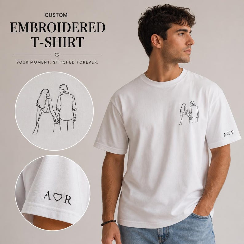 Custom Photo Line Art Embroidered T-Shirt, Personalized Couple Anniversary Gift