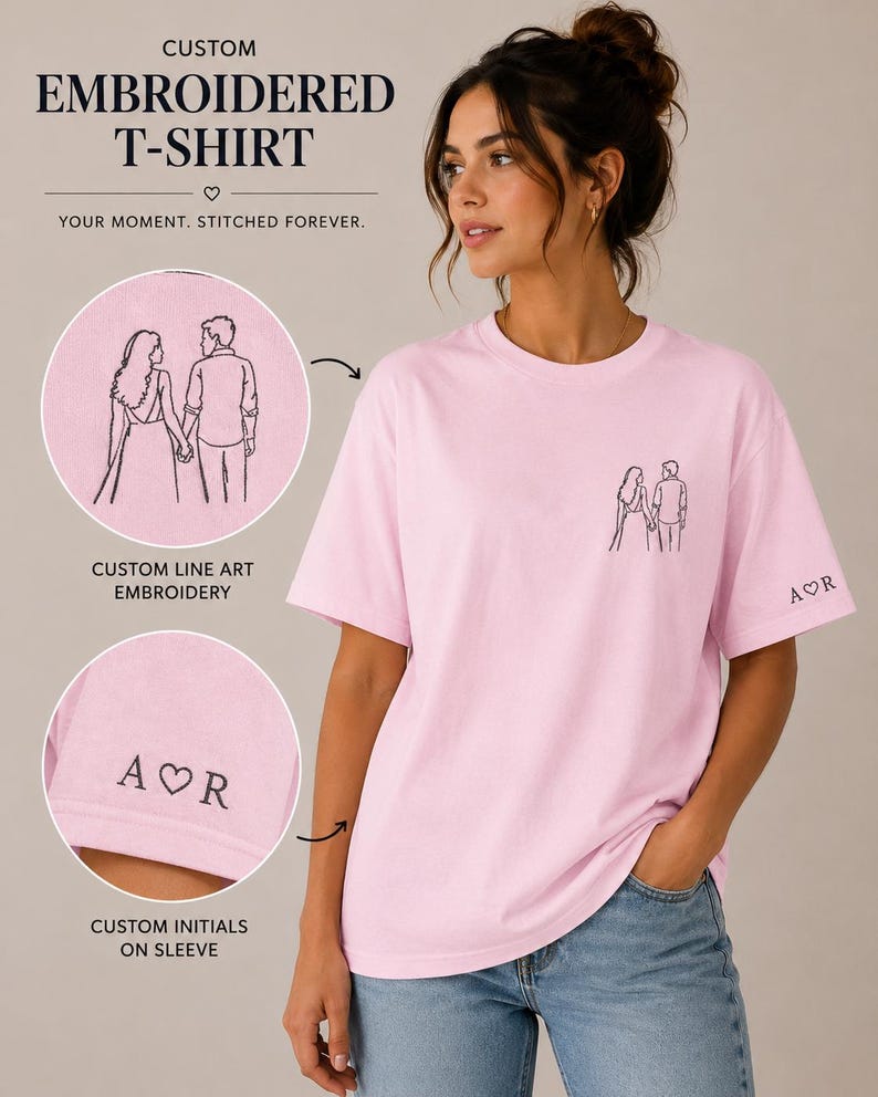 Custom Photo Line Art Embroidered T-Shirt, Personalized Couple Anniversary Gift