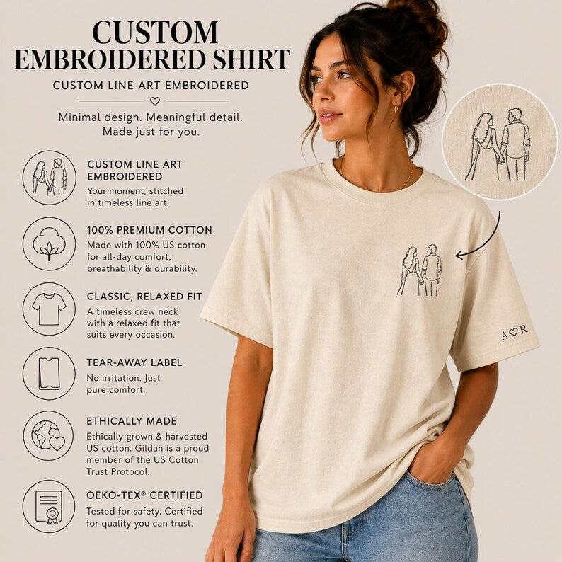 Custom Photo Line Art Embroidered T-Shirt, Personalized Couple Anniversary Gift