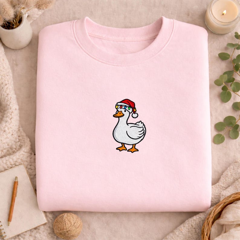 Embroidered Christmas Goose T-Shirt, Santa Hat Bird Shirt, Holiday Animal Tee, Winter Goose Tee