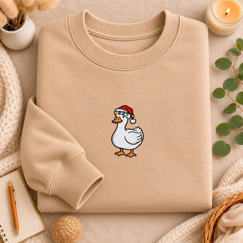 Embroidered Christmas Goose T-Shirt, Santa Hat Bird Shirt, Holiday Animal Tee, Winter Goose Tee