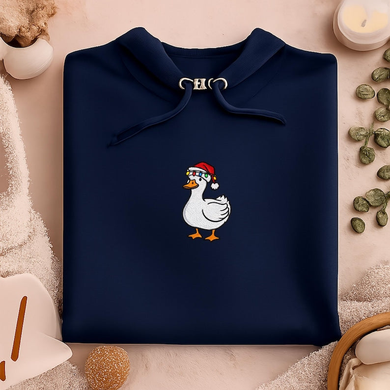 Embroidered Christmas Goose T-Shirt, Santa Hat Bird Shirt, Holiday Animal Tee, Winter Goose Tee