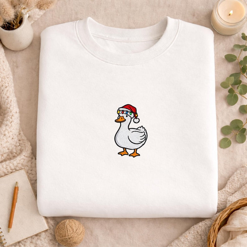 Embroidered Christmas Goose T-Shirt, Santa Hat Bird Shirt, Holiday Animal Tee, Winter Goose Tee