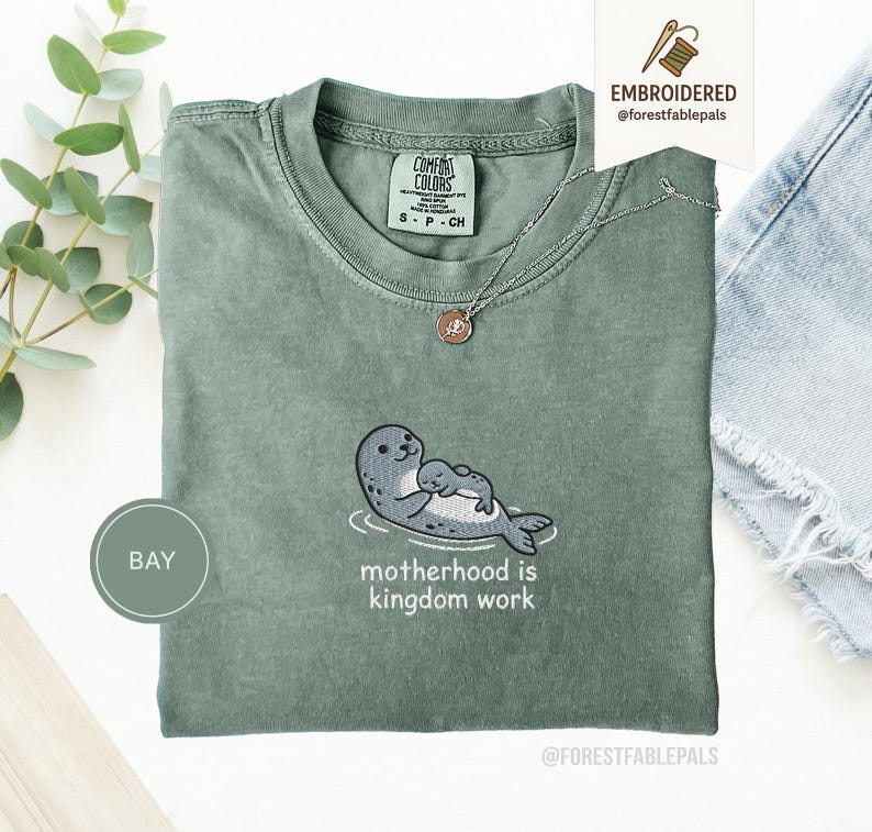 Embroidered Motherhood Is Kingdom Work Seal Shirt - Cute Seal Mom Baby Tee, Christian Mama Shirt, Comfort Colors Coastal Mother Gift