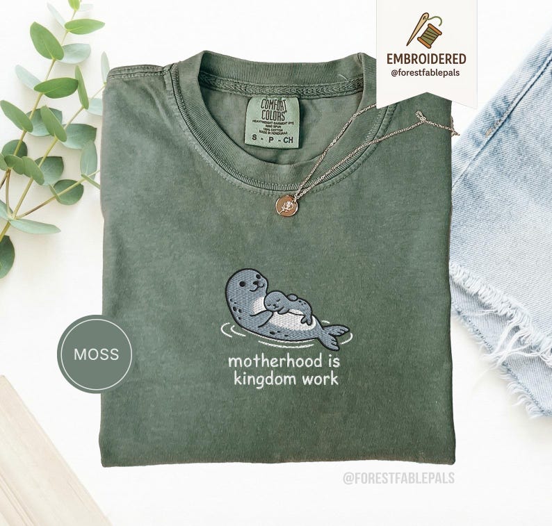 Embroidered Motherhood Is Kingdom Work Seal Shirt - Cute Seal Mom Baby Tee, Christian Mama Shirt, Comfort Colors Coastal Mother Gift
