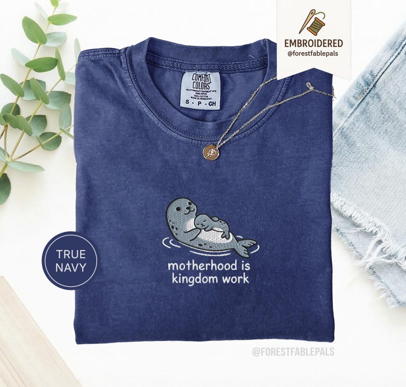 Embroidered Motherhood Is Kingdom Work Seal Shirt - Cute Seal Mom Baby Tee, Christian Mama Shirt, Comfort Colors Coastal Mother Gift