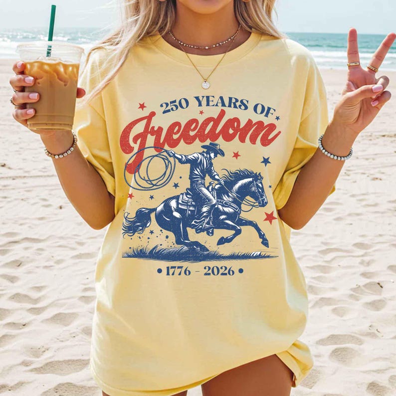 Comfort Colors Retro 250 Years of Freedom Cowboy Horse Boxy Tee, 1776-2026 Cowgirl Shirt, Fourth of July Tee, Patriotic Shirt, Cowboy Gift